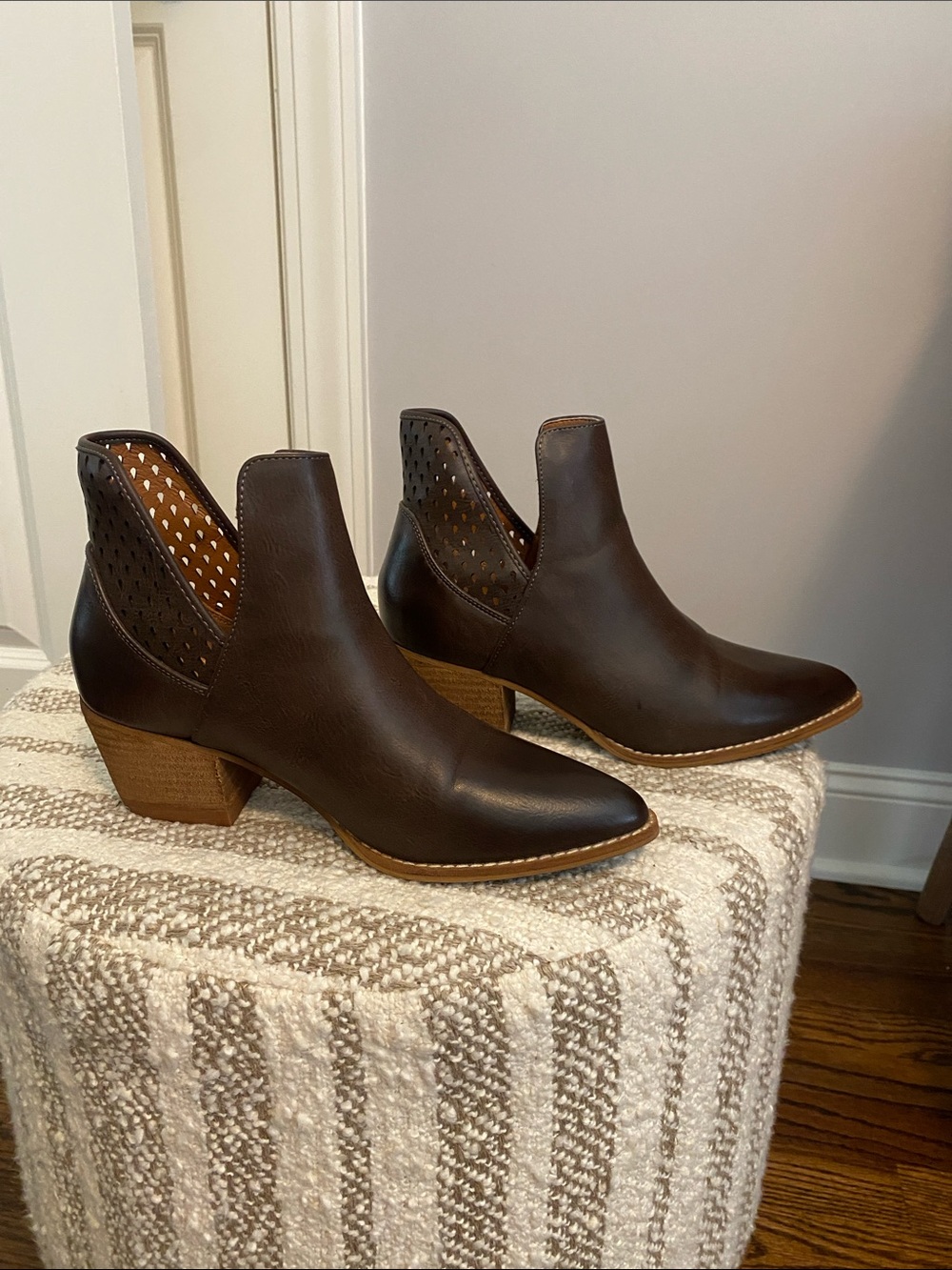 BEAST FASHION Dark Brown Perforated Cutout Ankle Booties